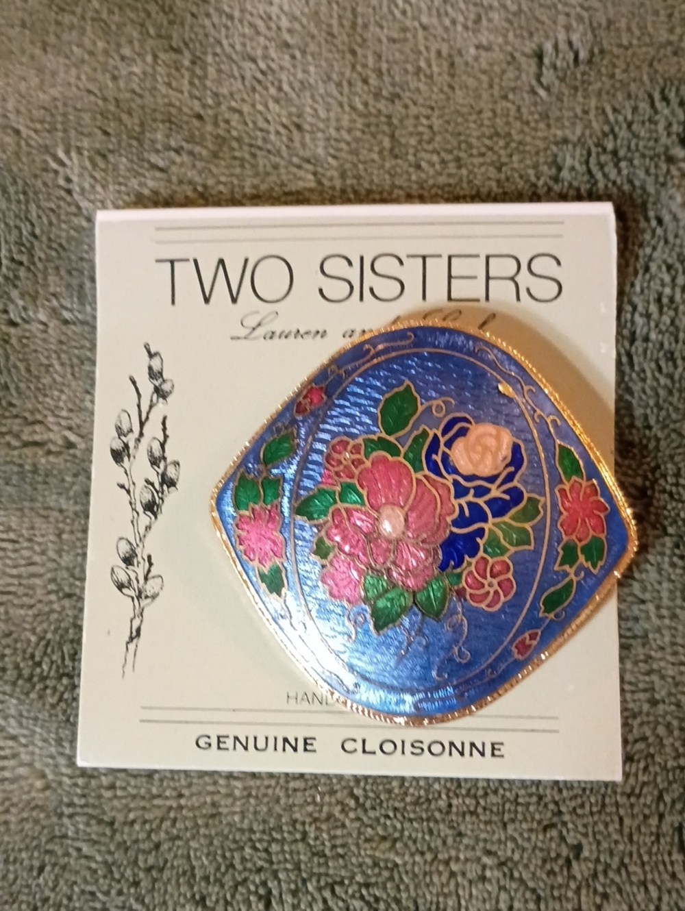 Two Sisters Blue Cloisonné Floral Brooch with Pink & Green Accents